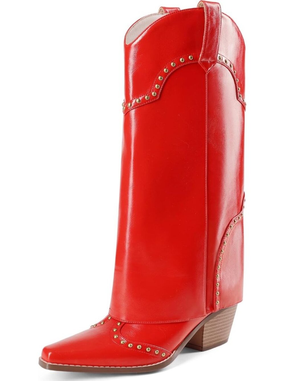 Women's Red Patent Shark Boots Knee High Cowboy Cowgirl Fold Over Chunky Heel